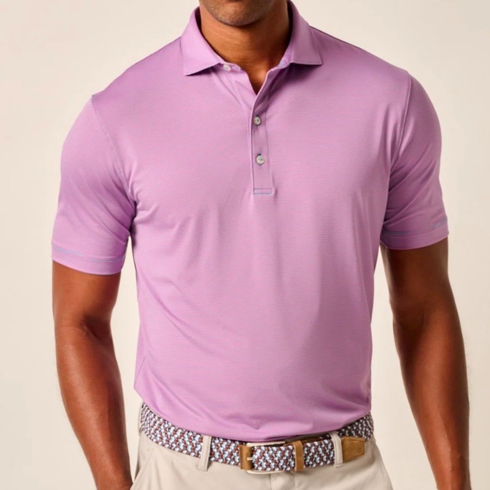 NWT Johnnie-O Mens Performance Jersey Polo-Lyndonn Stripe Majorca/Rouge Red Med
